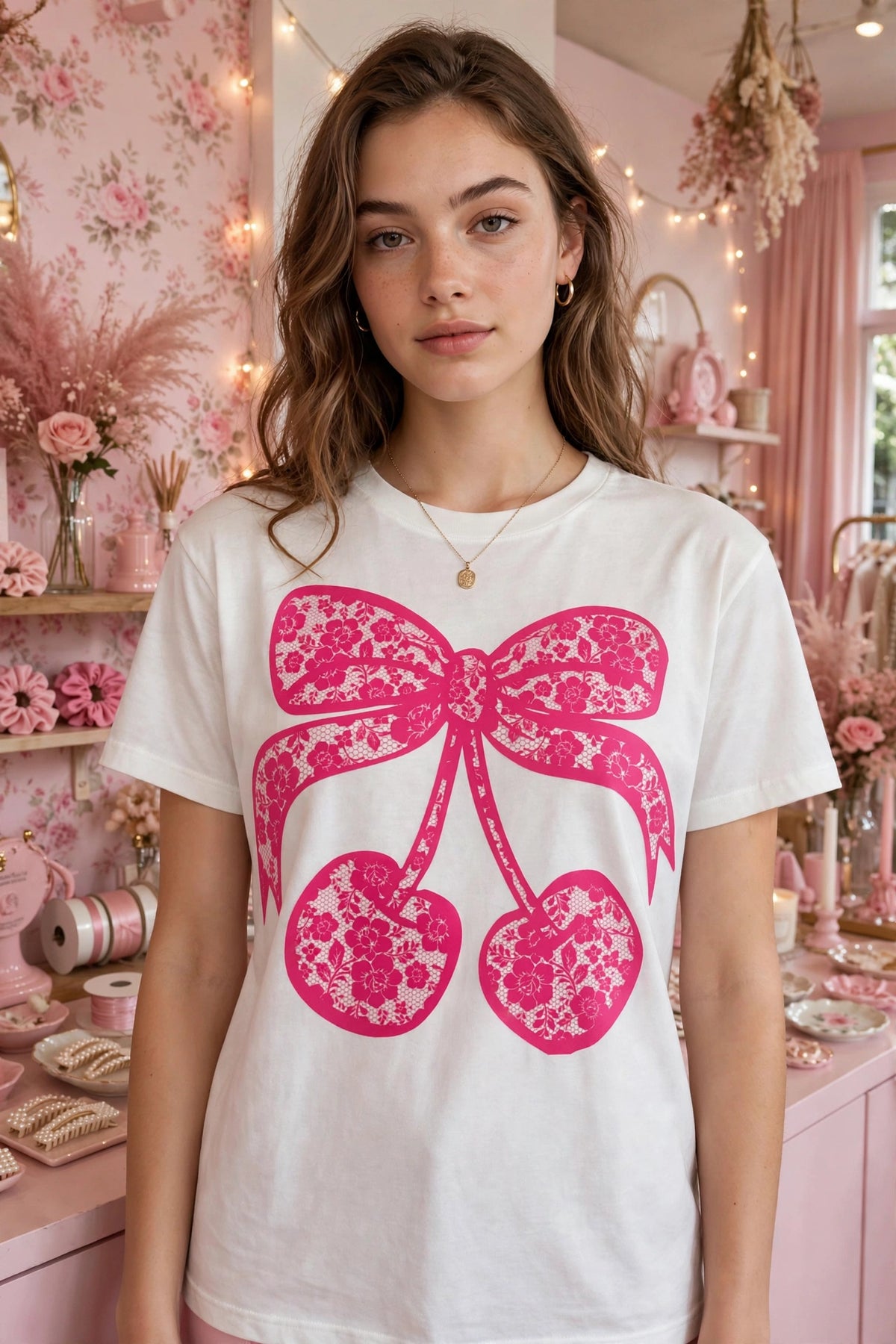 Cherry Lace Bow-Dtf T-shirt Design
