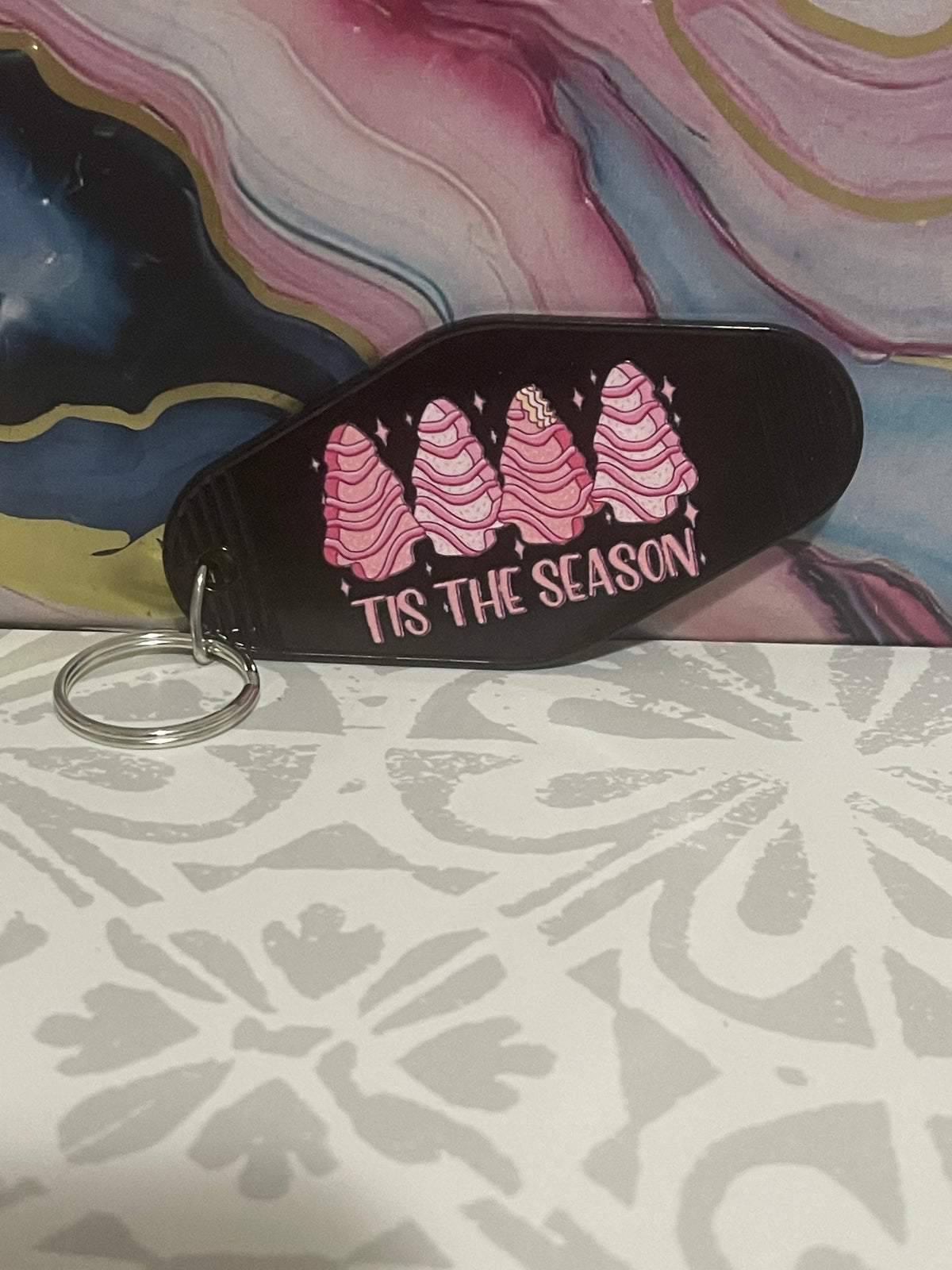 #14 Black “Christmas Cakes Tis the Season”~~Keychain