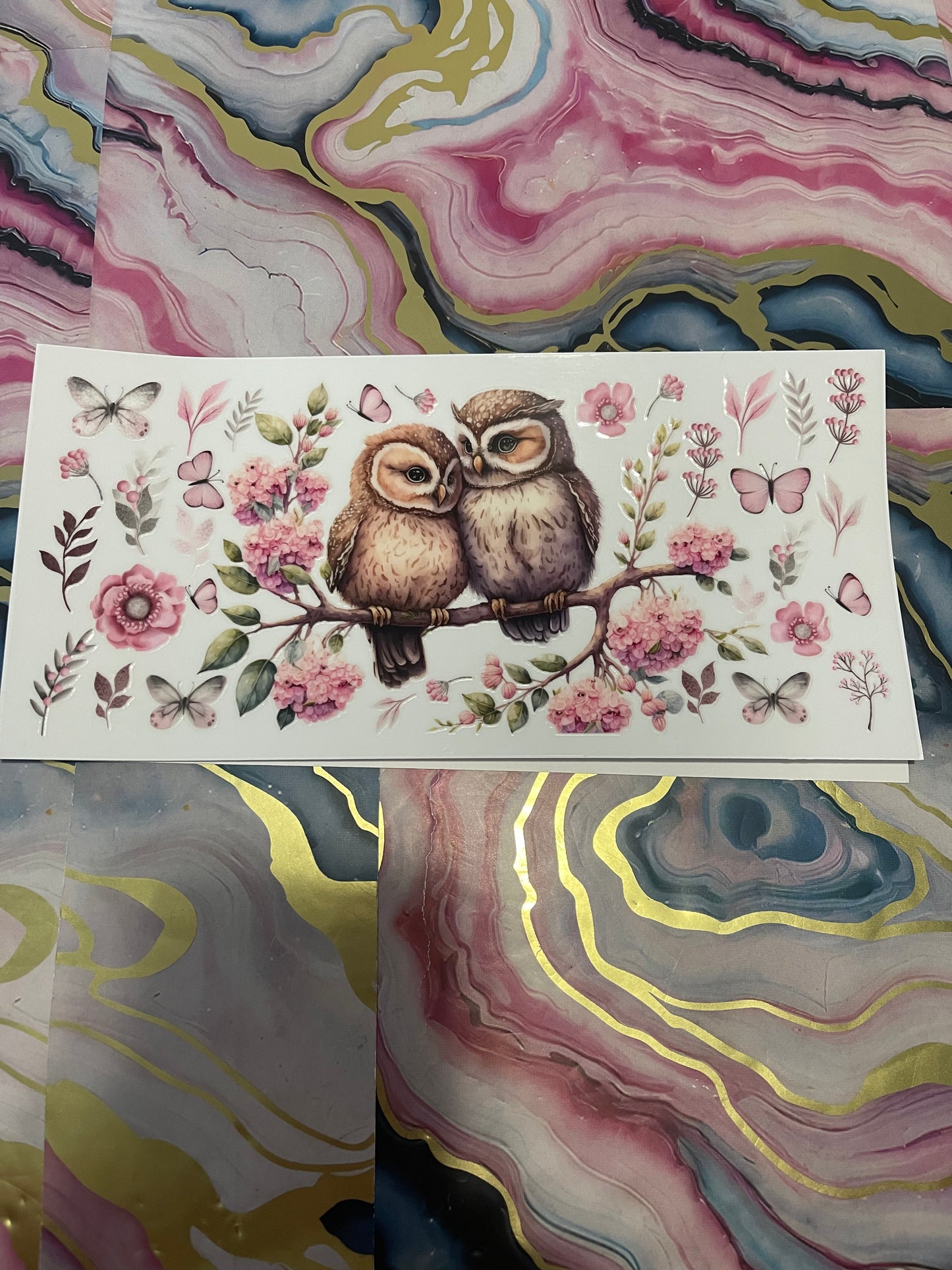 #68 Pink Butterflies Owls~~UV DTF CUP WRAP
